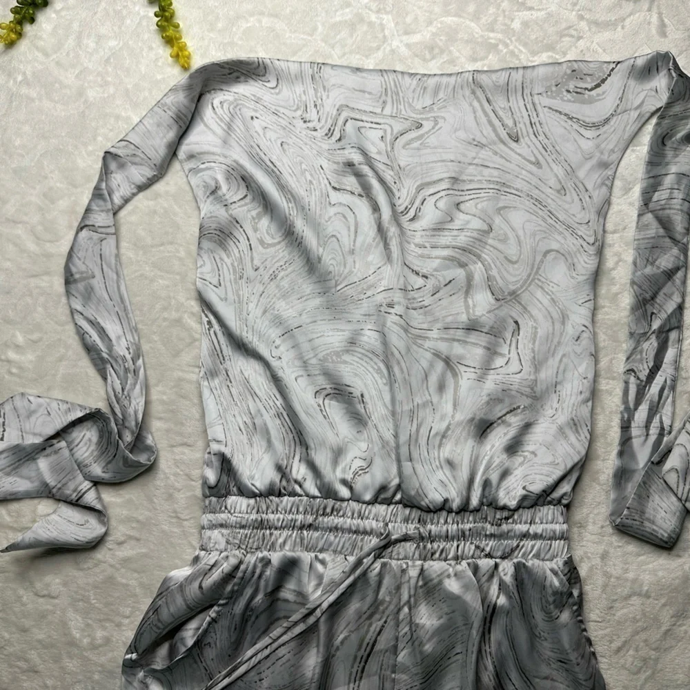 Caramela Marble Print Satin Halter Top Jumpsuit in White and Gray Womens Small